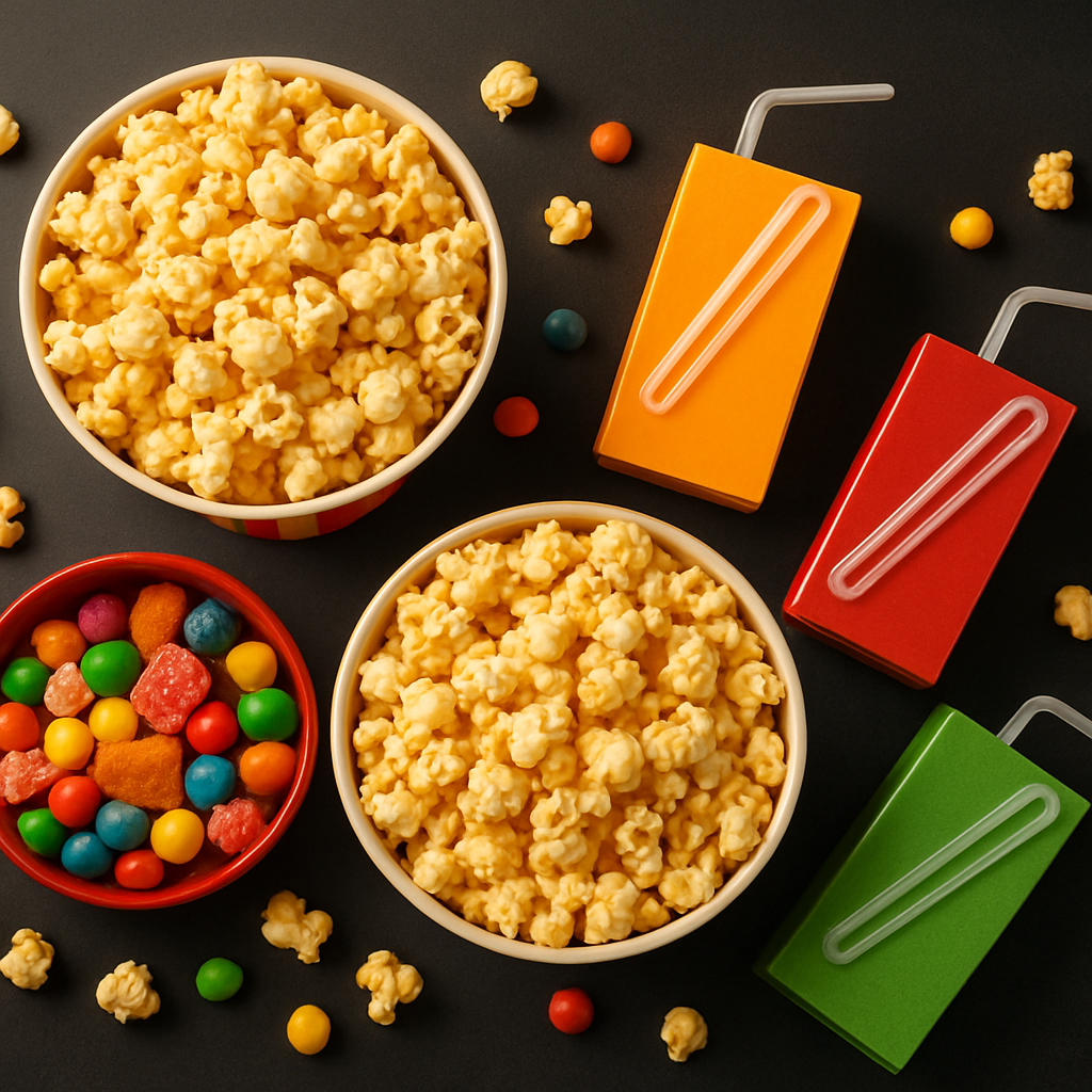 Movie night snacks including popcorn, candy and drinks